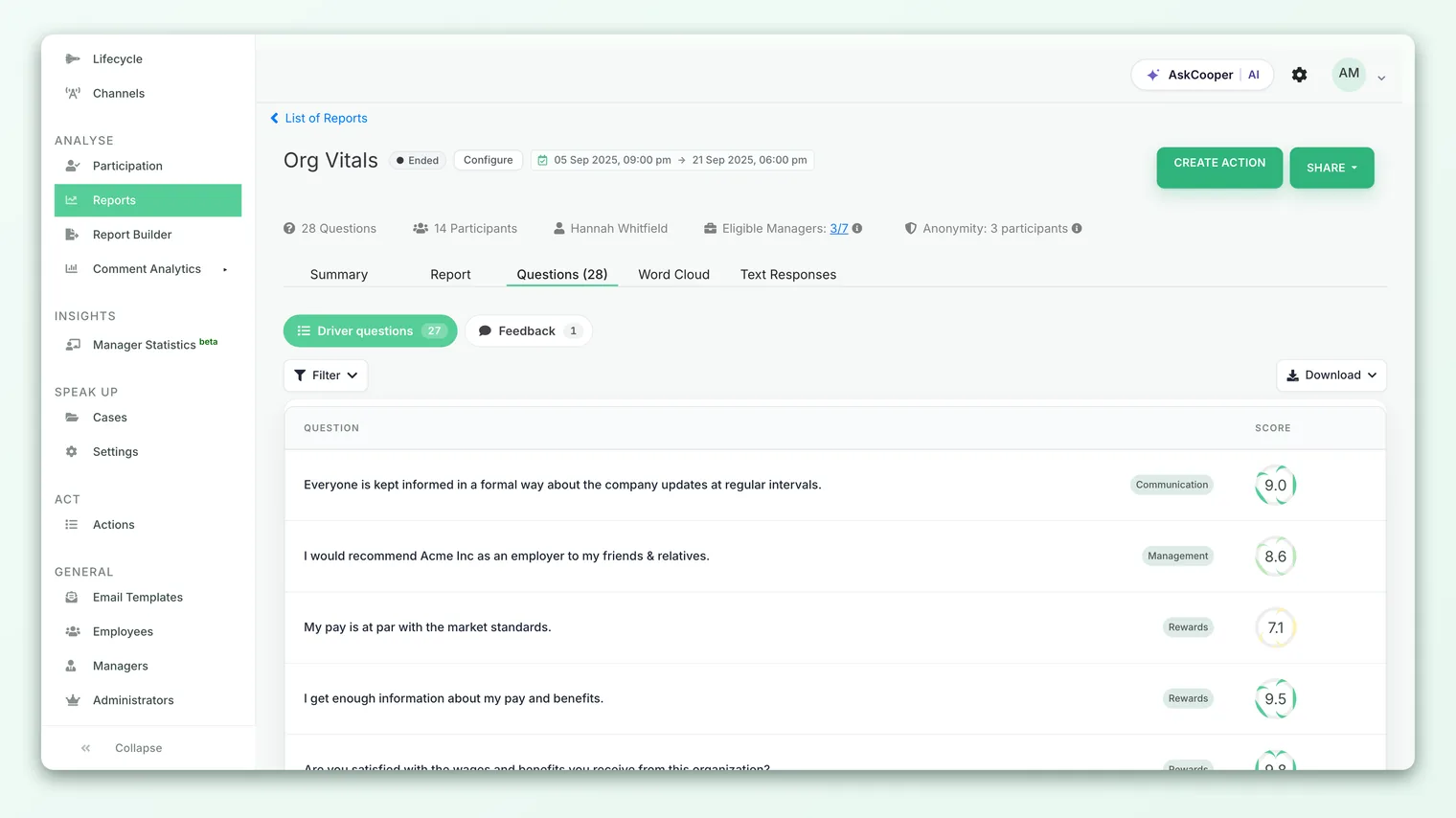 The segment selector above the answer distribution chart, splitting responses by team.