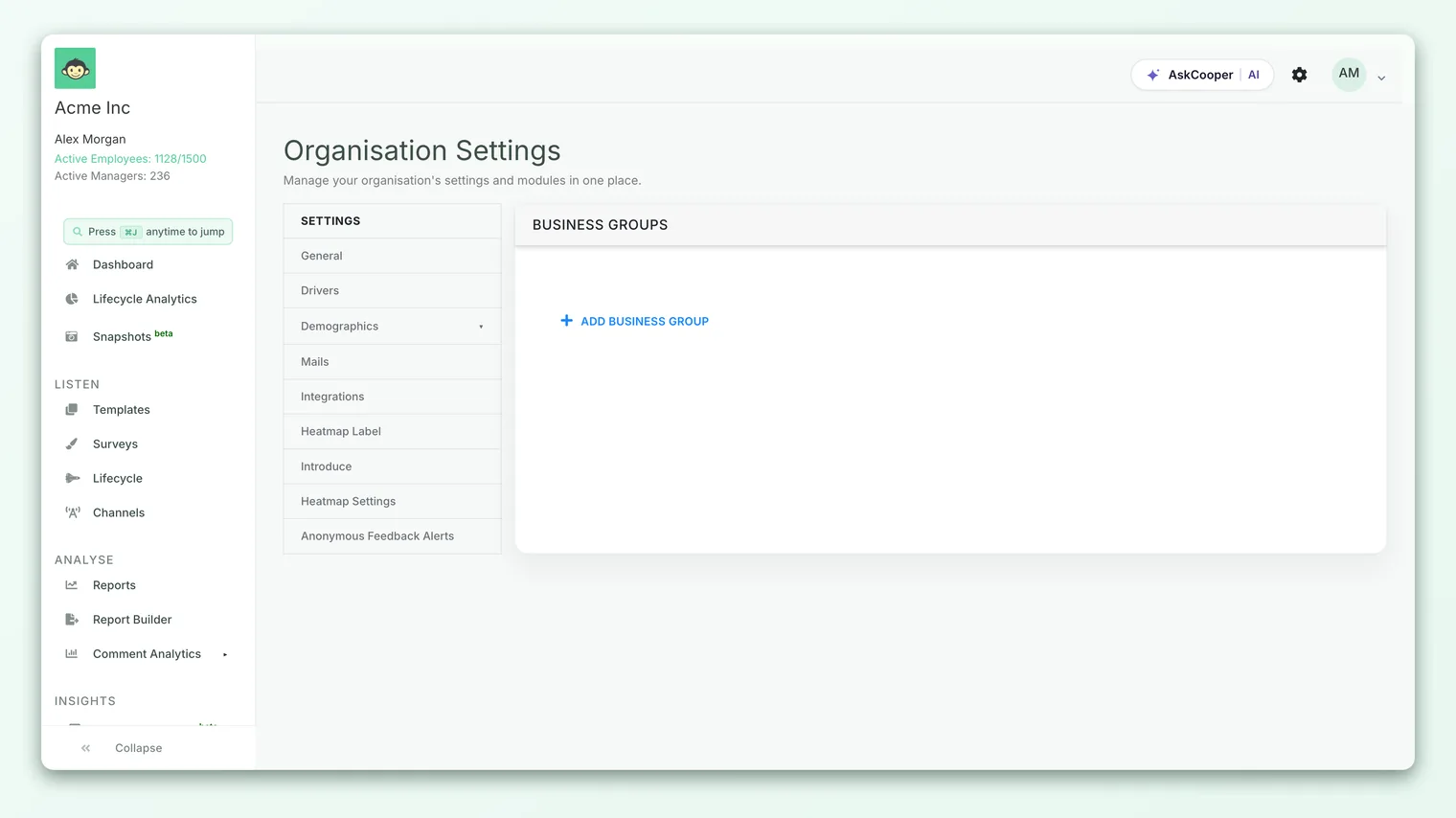The business groups management page listing existing groups with an Add Business Group button.