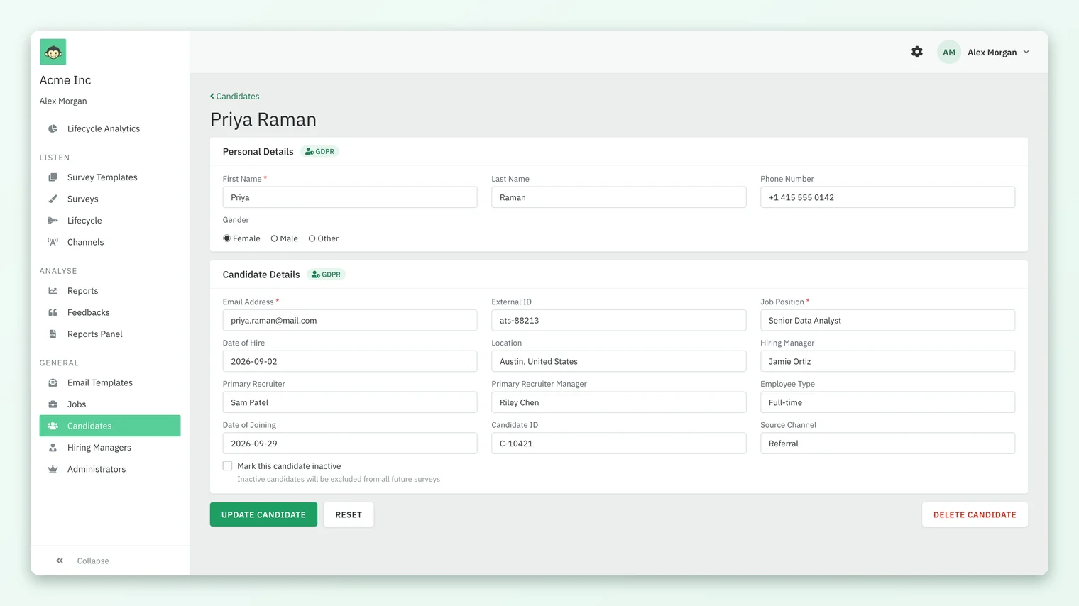 A candidate record in CultureMonkey created through the API, showing Personal Details and Candidate Details with External ID, Job Position, Hiring Manager, Primary Recruiter, Date of Joining and a Source Channel custom attribute.