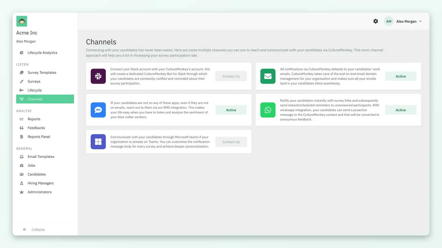 The CultureMonkey candidate Channels page with cards for Slack, Email, SMS, WhatsApp and Microsoft Teams; Email, SMS and WhatsApp show Active and Slack and Teams show Contact Us.