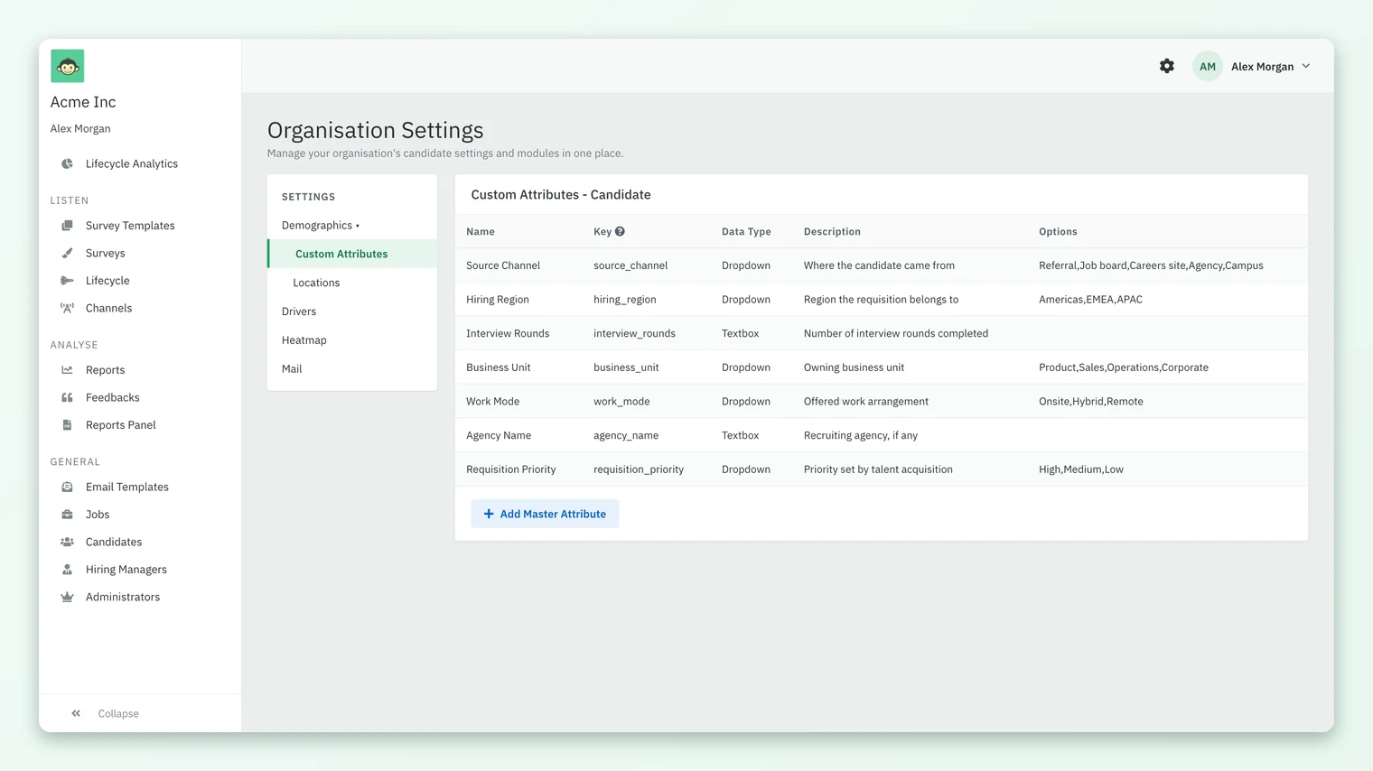 The Custom Attributes - Candidate settings page in CultureMonkey, listing attributes with Name, Key, Data Type, Description and Options columns and an Add Master Attribute button.