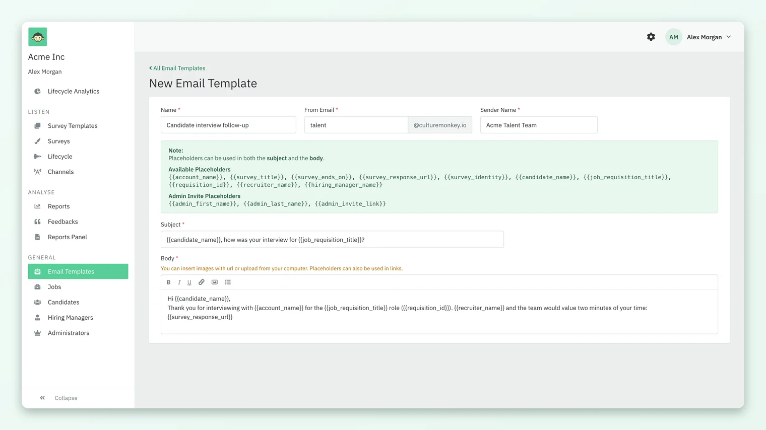 The CultureMonkey New Email Template form with Name, From Email, Sender Name, the list of available placeholders, a Subject using candidate placeholders, and a rich-text Body.