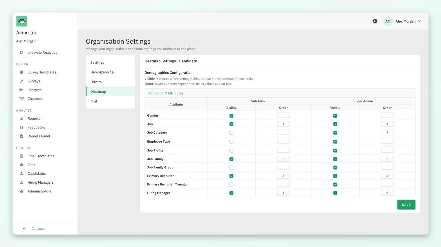 The candidate Heatmap Settings page, with Visible checkboxes and Order numbers for Sub Admin and Super Admin against each standard attribute