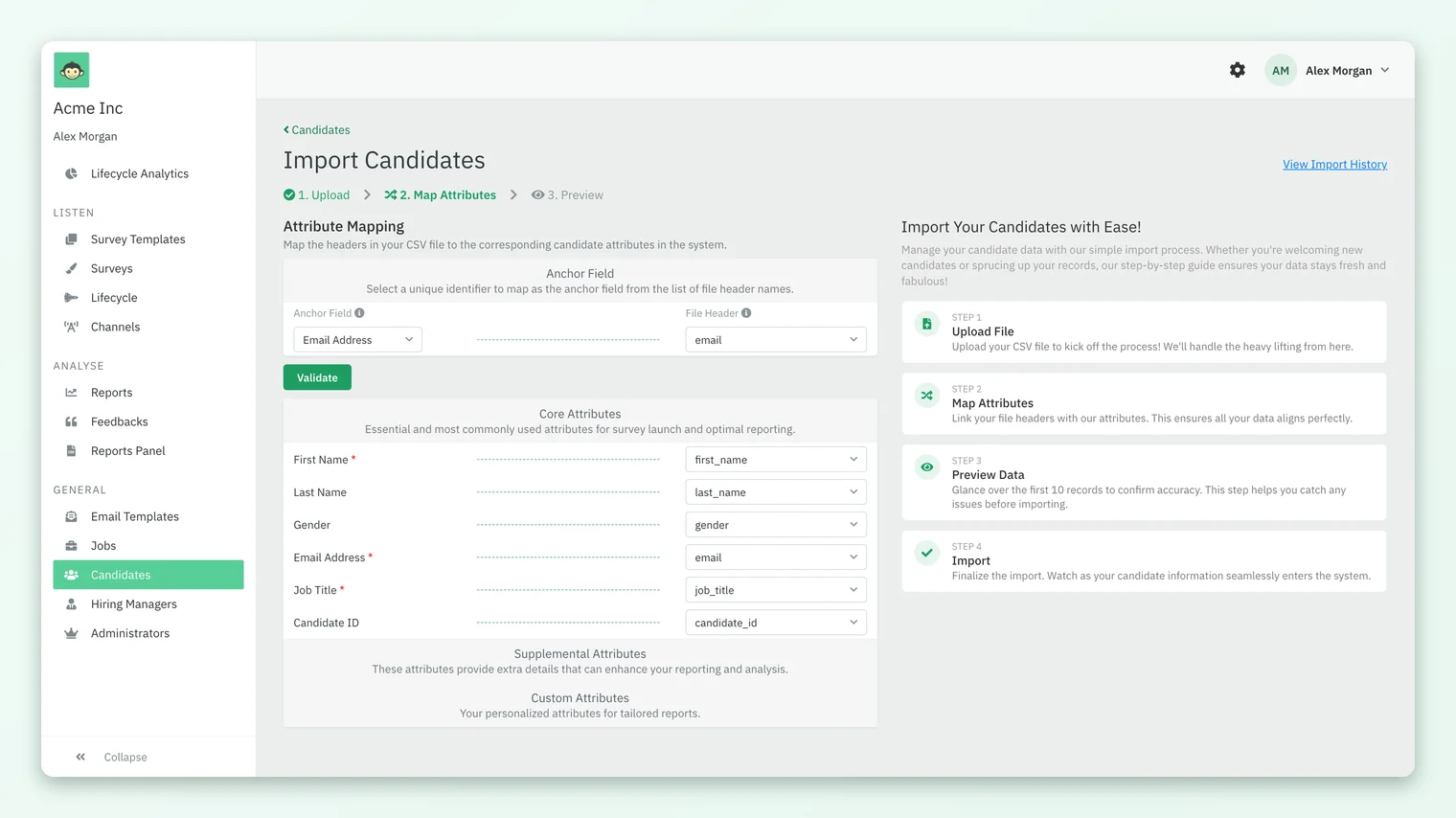 The 2. Map Attributes step of the candidate importer, with Email Address chosen as the anchor field and Core Attributes mapped to file headers.