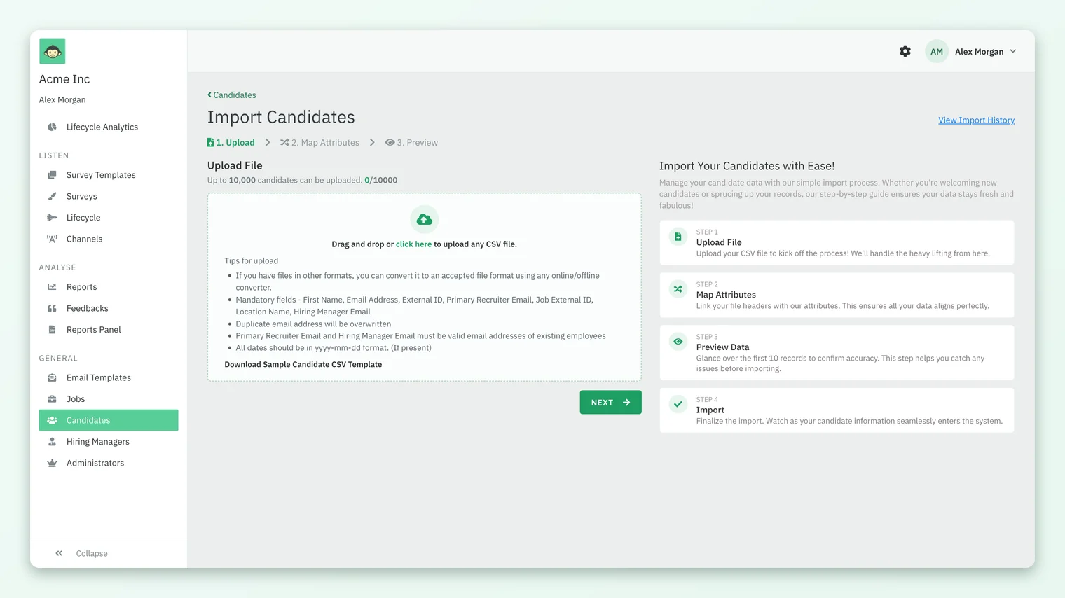 The Import Candidates screen in CultureMonkey on the 1. Upload step, with the Upload File drop zone, Tips for upload, the sample template link and the step-by-step panel.