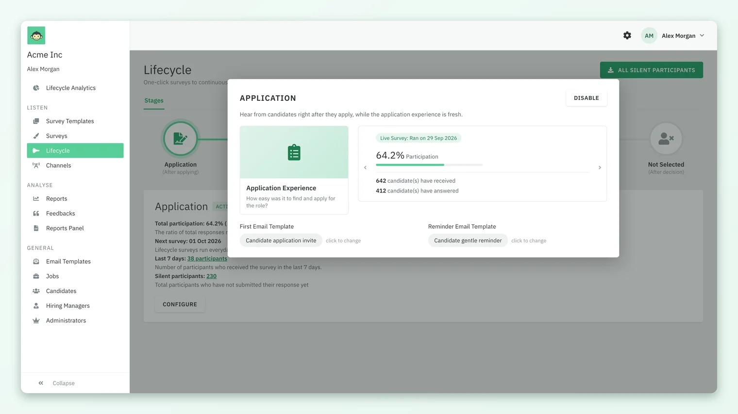 The CONFIGURE window for the Application stage, with a DISABLE button, the Application Experience survey template, live survey participation, and First Email Template and Reminder Email Template pickers.