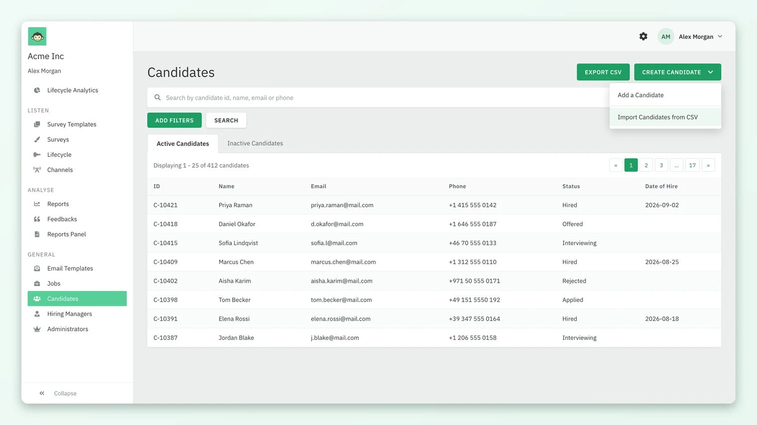 The Candidates list in CultureMonkey with the Create Candidate menu open, showing Add a Candidate and Import Candidates from CSV above a table of active candidates.