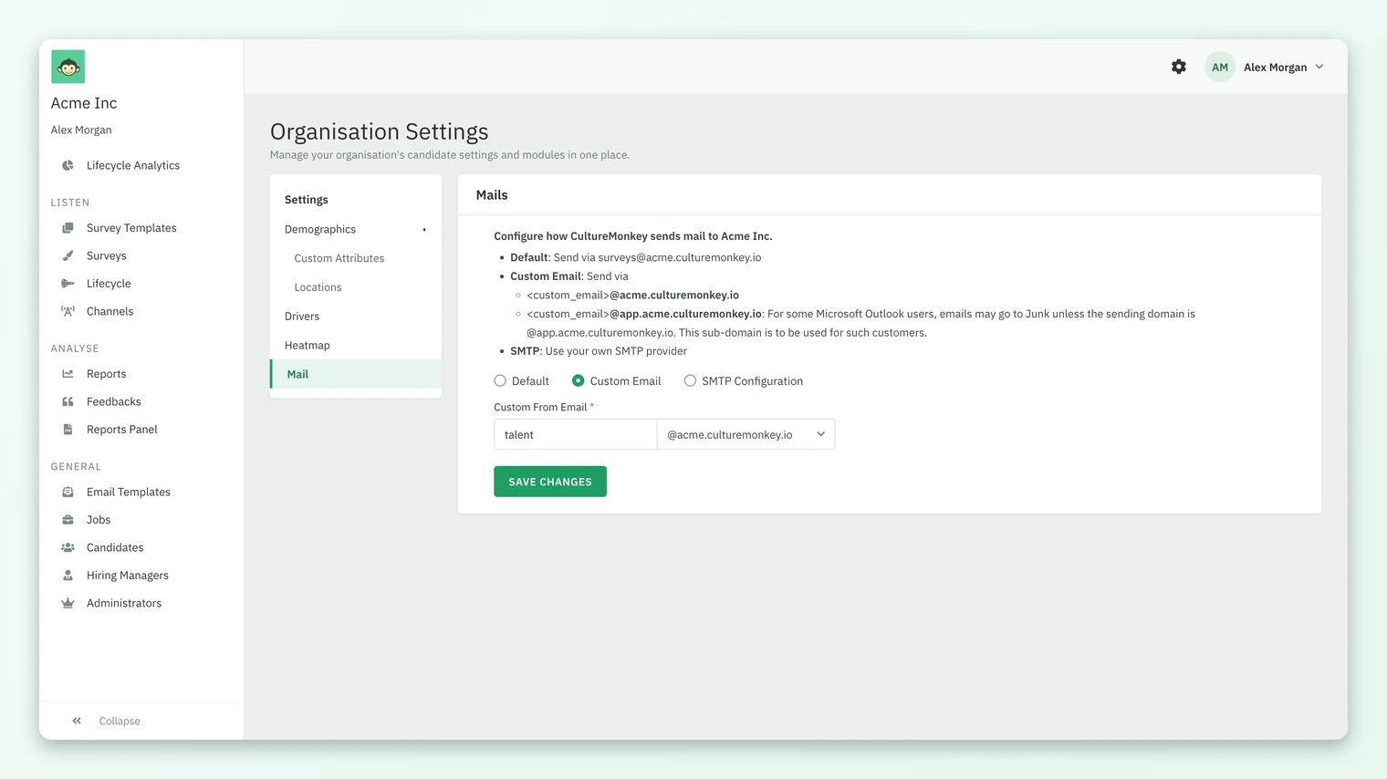 The CultureMonkey candidate Organisation Settings page on Mail, explaining the Default, Custom Email and SMTP options, with Custom Email selected and a Custom From Email prefix and domain.