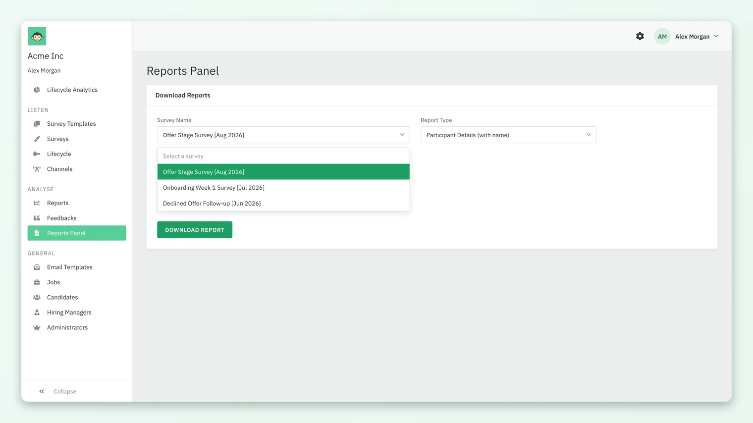 The Reports Panel page with the Survey Name dropdown open and the report type Participant Details (with name) selected