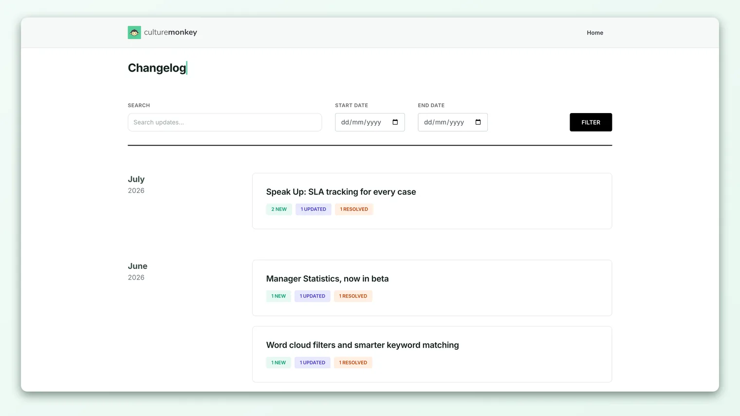 The CultureMonkey changelog, showing releases grouped by month with New, Updated, and Resolved badges.