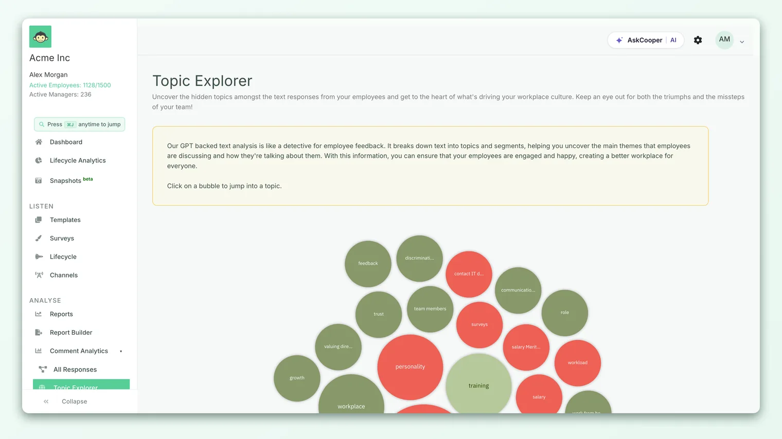 A single topic opened in Comment Analytics, showing the volume counts and the individual comments behind the theme.