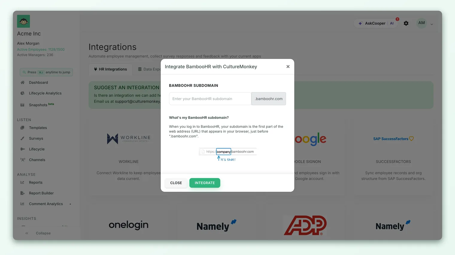 The Integrate BambooHR dialog, with a field for the BambooHR subdomain and an Integrate button.