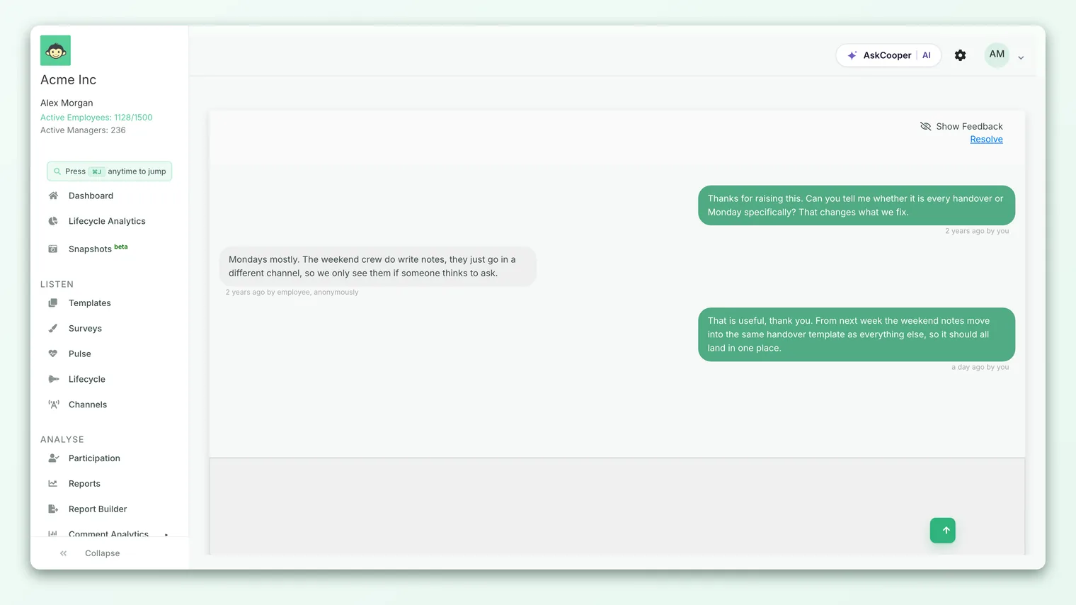 The conversation view, showing the anonymous message history and the reply box.