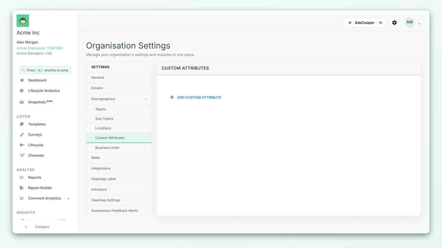 The custom attributes list in CultureMonkey, showing each attribute with its name and type.