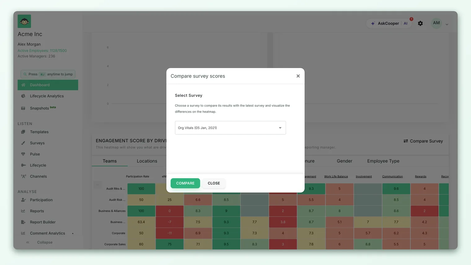 The Compare survey scores dialog with a dropdown to pick an earlier survey to compare against the latest results on the heatmap.