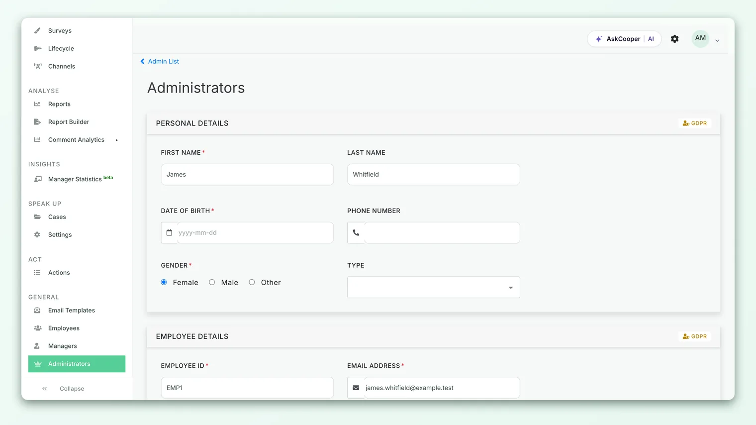 The profile edit page in CultureMonkey, showing the name, email, timezone and language fields.