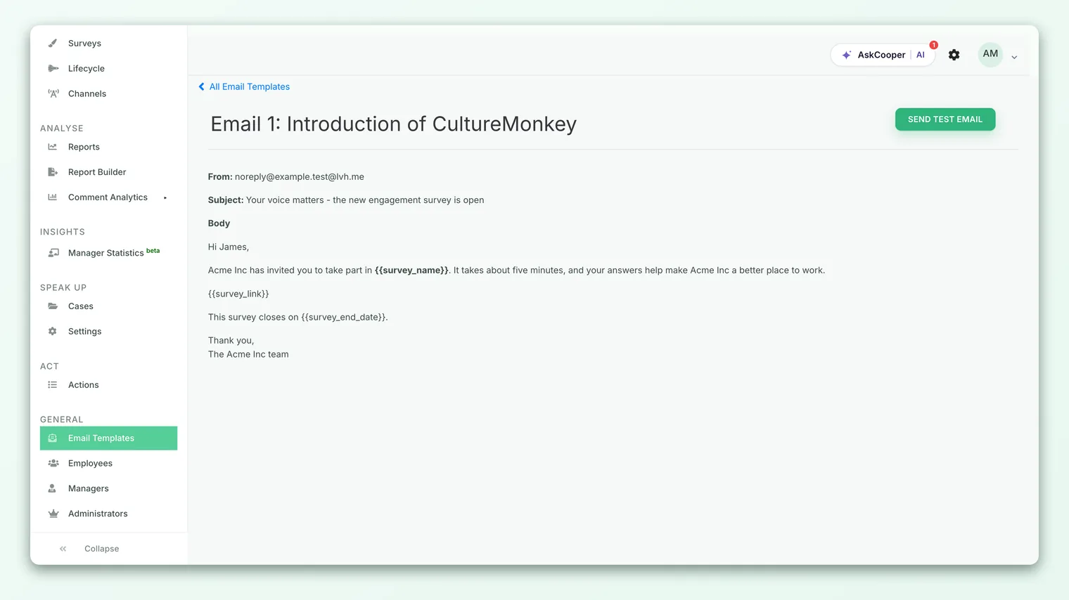 The translations tab of an email template, showing the language list on the left and a Spanish translation open for editing on the right.