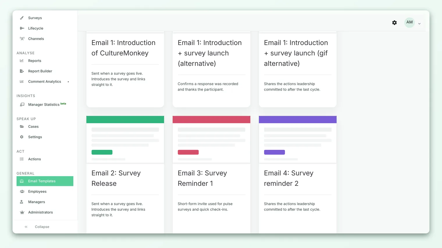 The Email Templates page listing default and custom templates, with a Create New Email Template button.