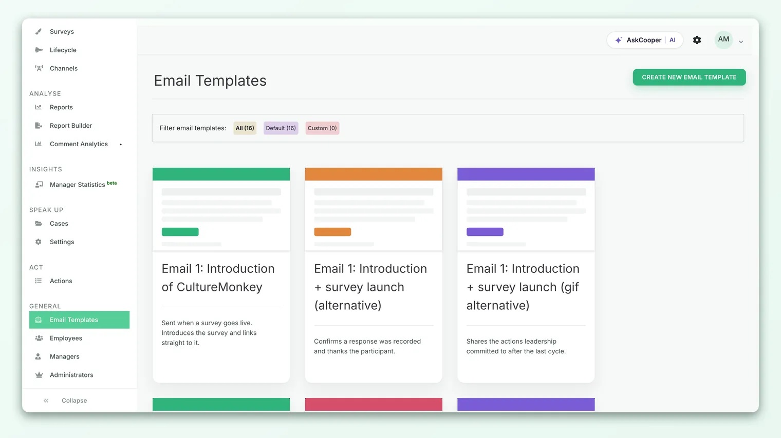 The Email Templates library in CultureMonkey, showing default and custom templates as cards.