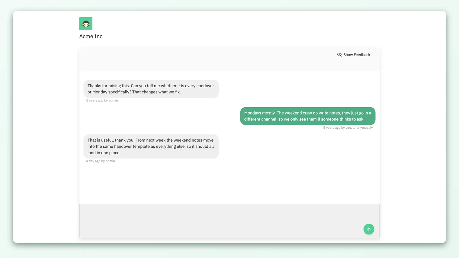 The employee's anonymous conversation view, opened from a secure link with no login required.