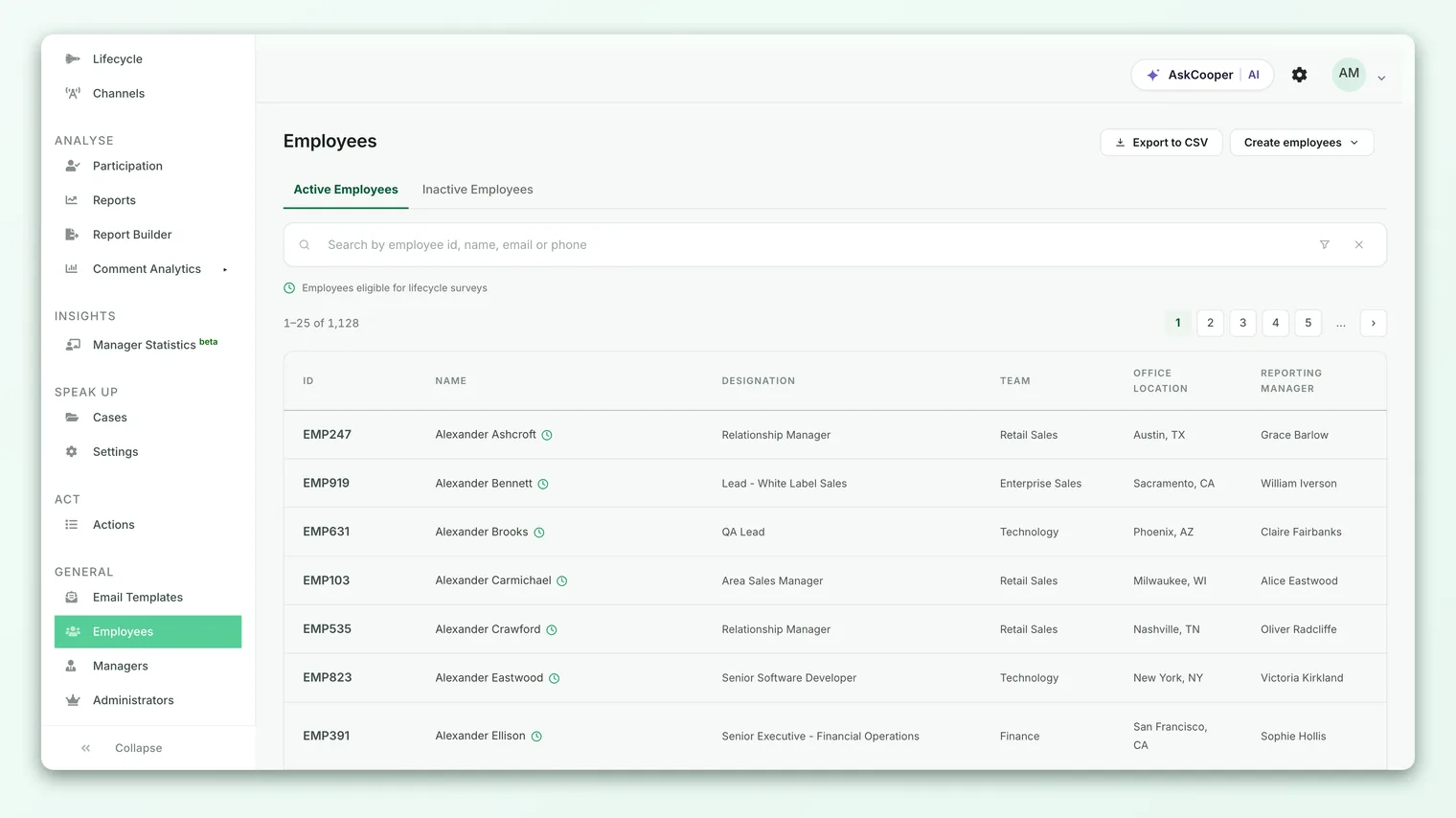 The Employees list in CultureMonkey, showing Active and Inactive tabs and per-employee actions.