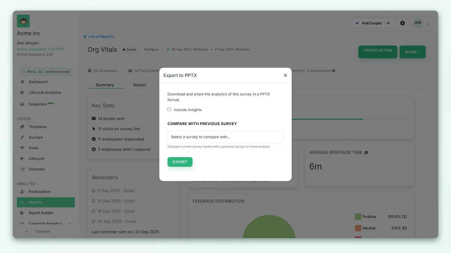 The Share menu open on a completed survey report, showing the Export to PPTX option alongside PDF and XLS exports.
