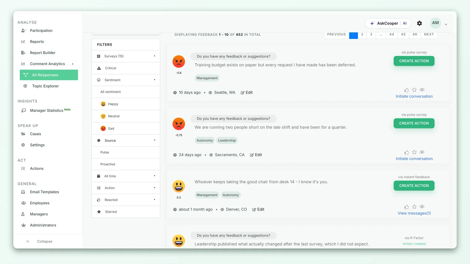 The Feedback page with the left filter panel, showing the Sentiment group expanded to All sentiment, Happy, Neutral, and Sad.