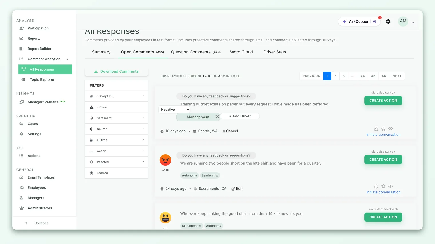A feedback card in edit mode, showing the Positive / Neutral / Negative dropdown in place of the sentiment icon.