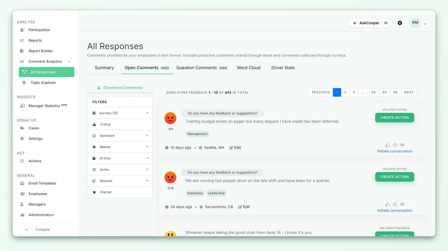The Feedback area of CultureMonkey, showing the Comment Analytics group in the left navigation.