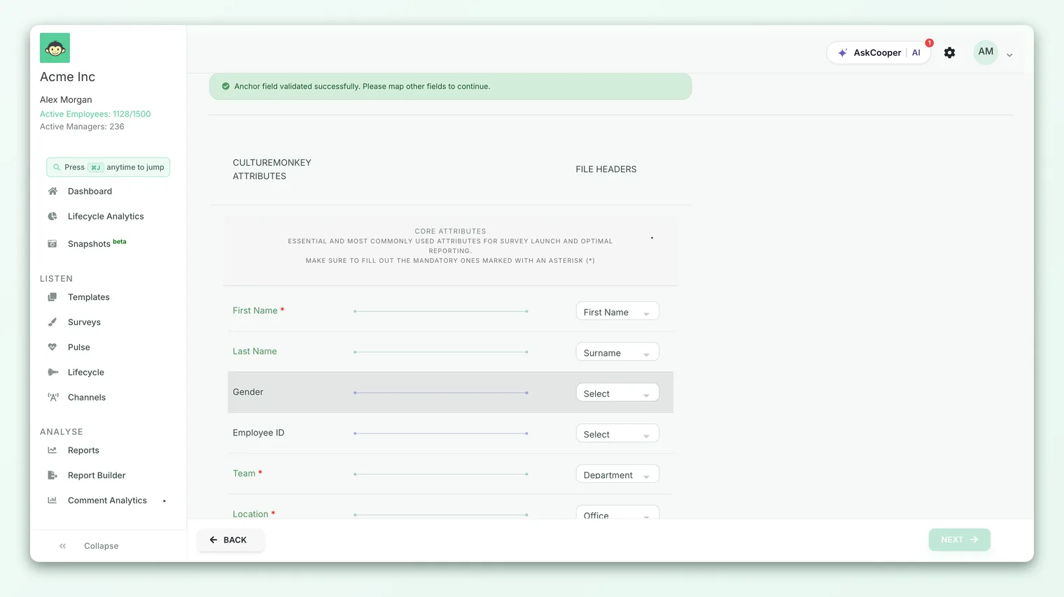 The employee import screen showing CSV columns being matched to CultureMonkey employee attributes.