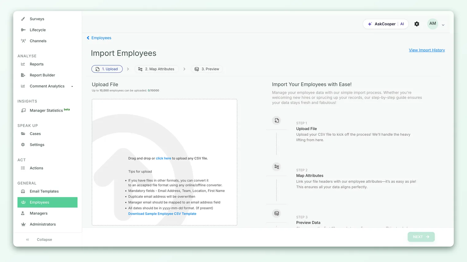 The Import employees page in CultureMonkey, where you upload your CSV and download the sample template.