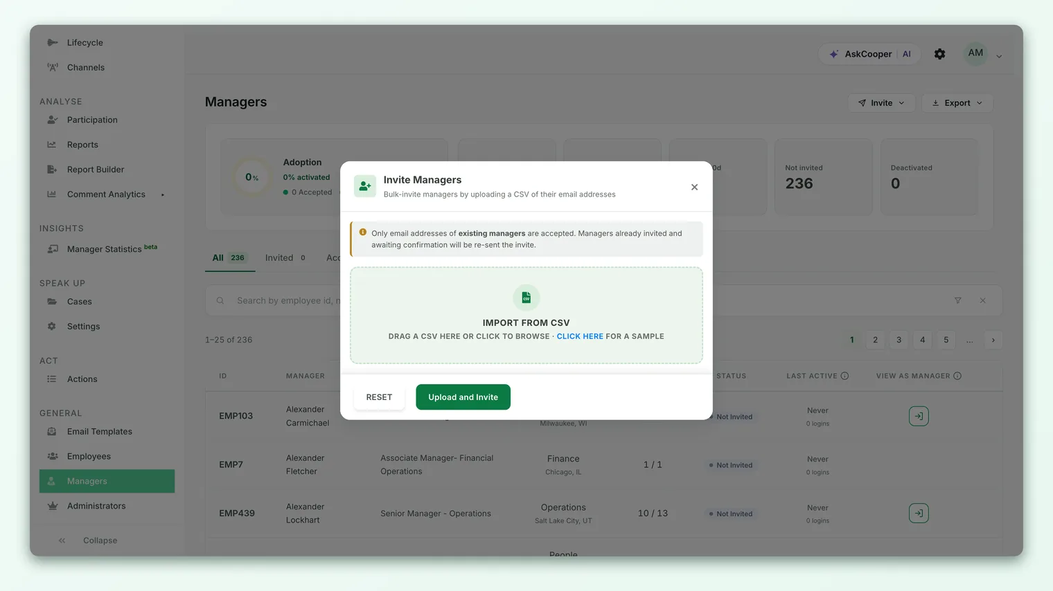 The Managers page import dialog, where you upload a CSV of manager email addresses to bulk-invite them.