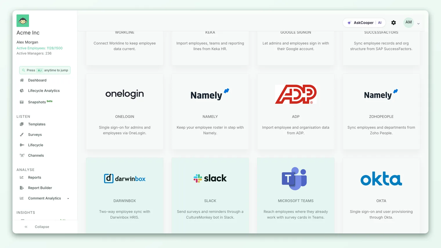 The Integrations hub in CultureMonkey, where HRIS connections like Darwinbox appear.