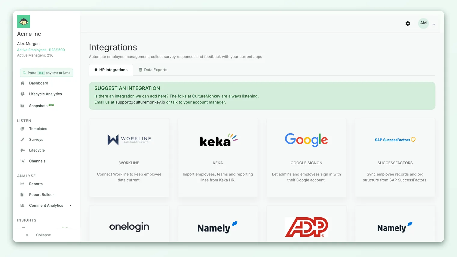 The Integrations hub in CultureMonkey, showing HRIS provider tiles including Workday.