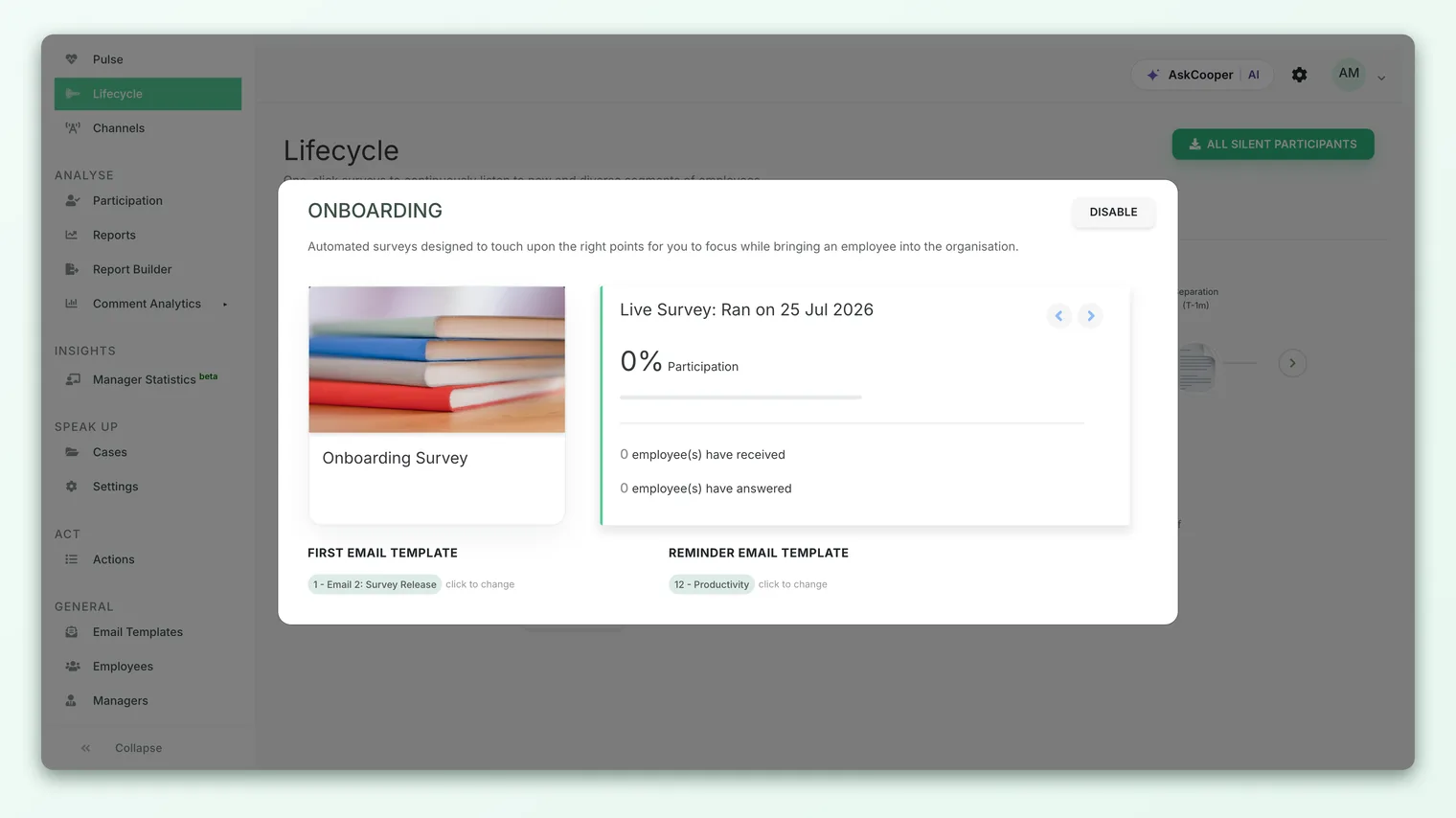 The Lifecycle Stages timeline in CultureMonkey, with a stage configuration panel open showing its template, status, and Enable control.