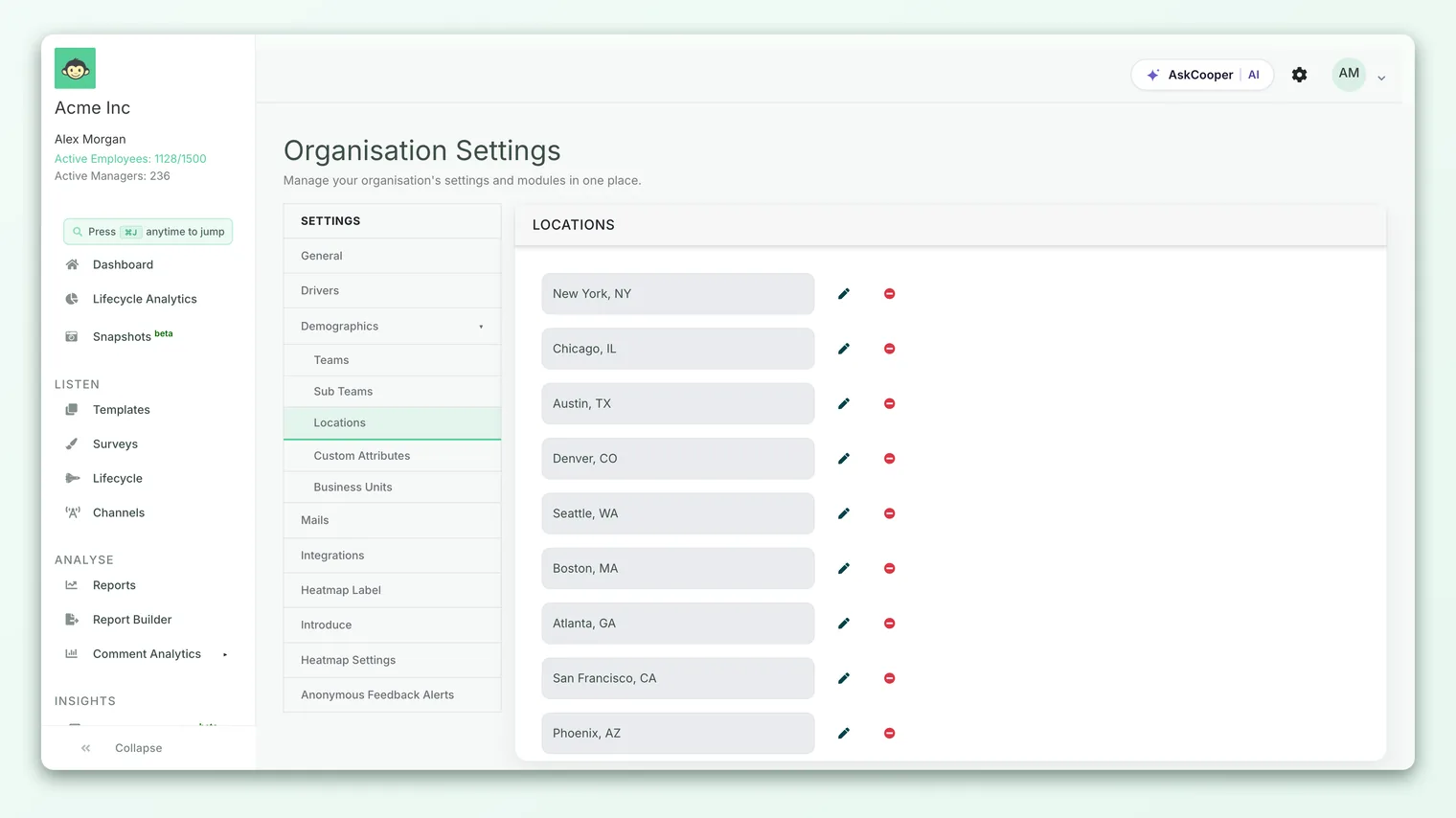 The Locations settings page listing each office with edit and delete controls and an Add Location button.