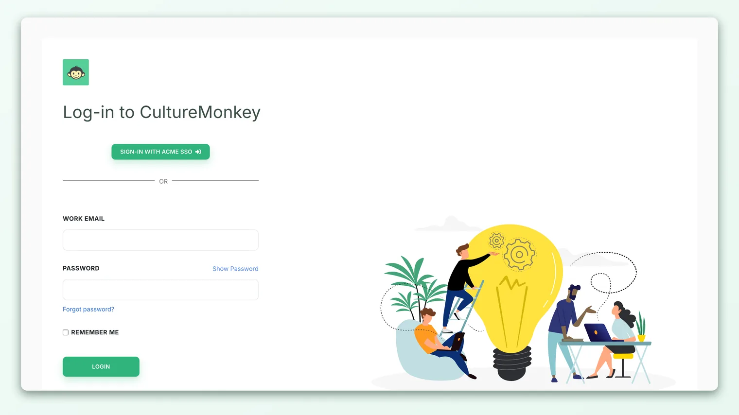 The CultureMonkey sign-in screen with Work Email and Password fields and the Sign in button.