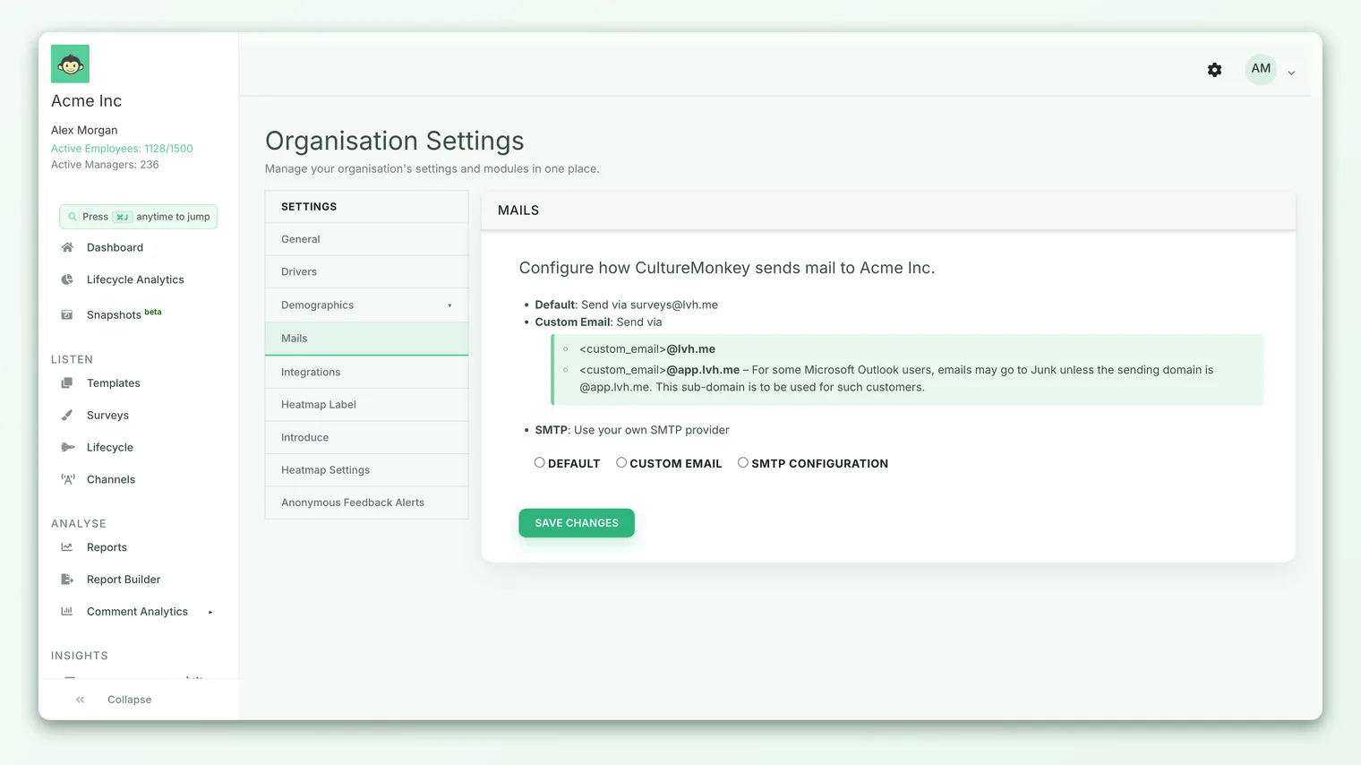 The Mail settings screen where the sender mode is chosen between Default, Custom Email, and SMTP.