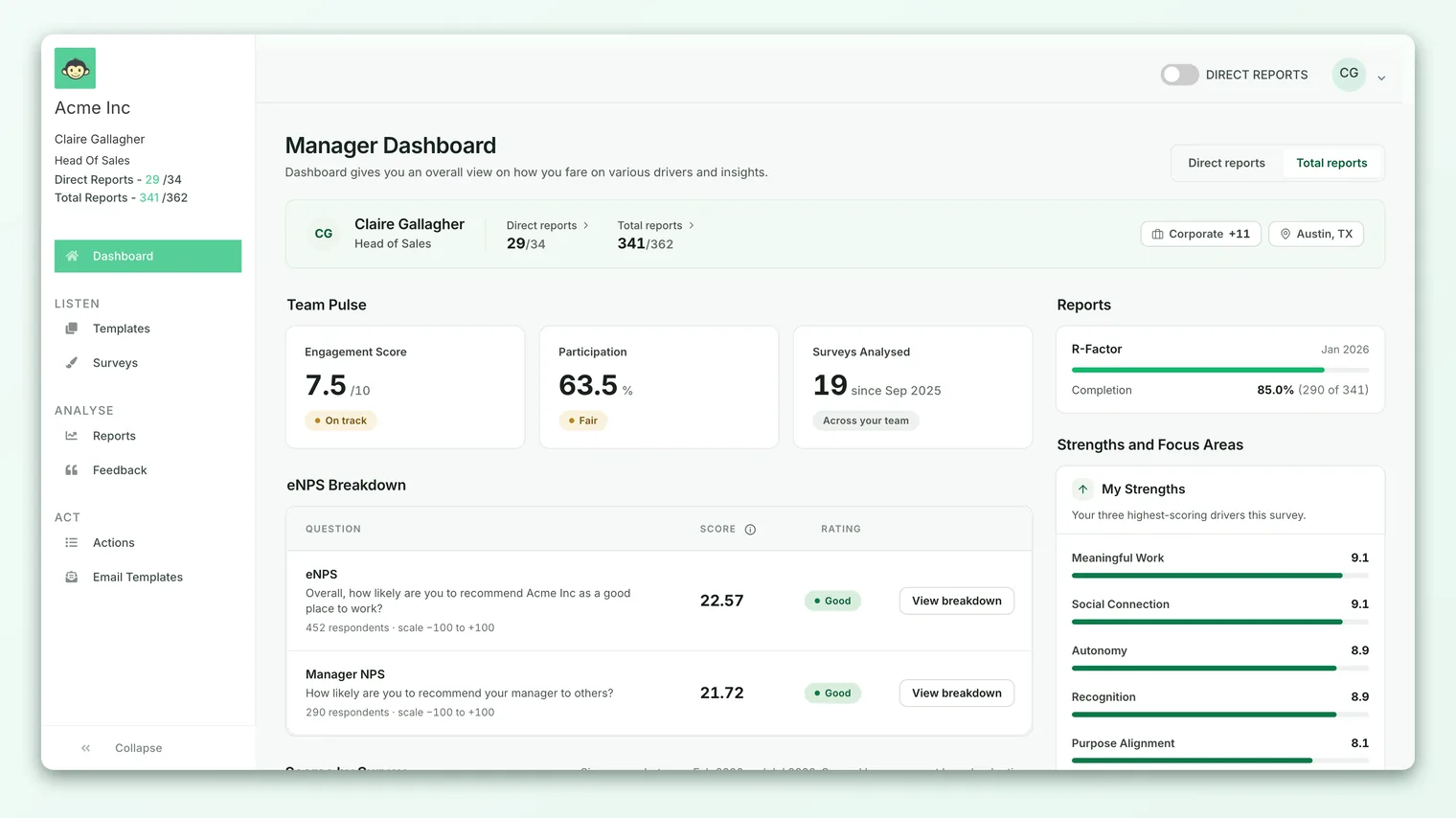 The manager dashboard "How I compare" section, with tabs for the internal benchmark and the industry benchmark and per-driver bars beneath.