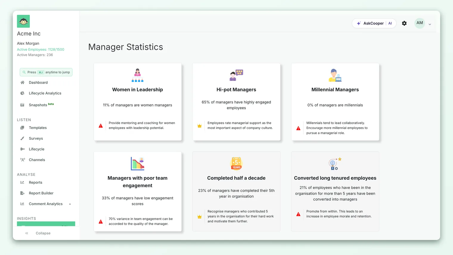 The CultureMonkey sidebar showing the Manager Statistics link under the Insights section, tagged beta.