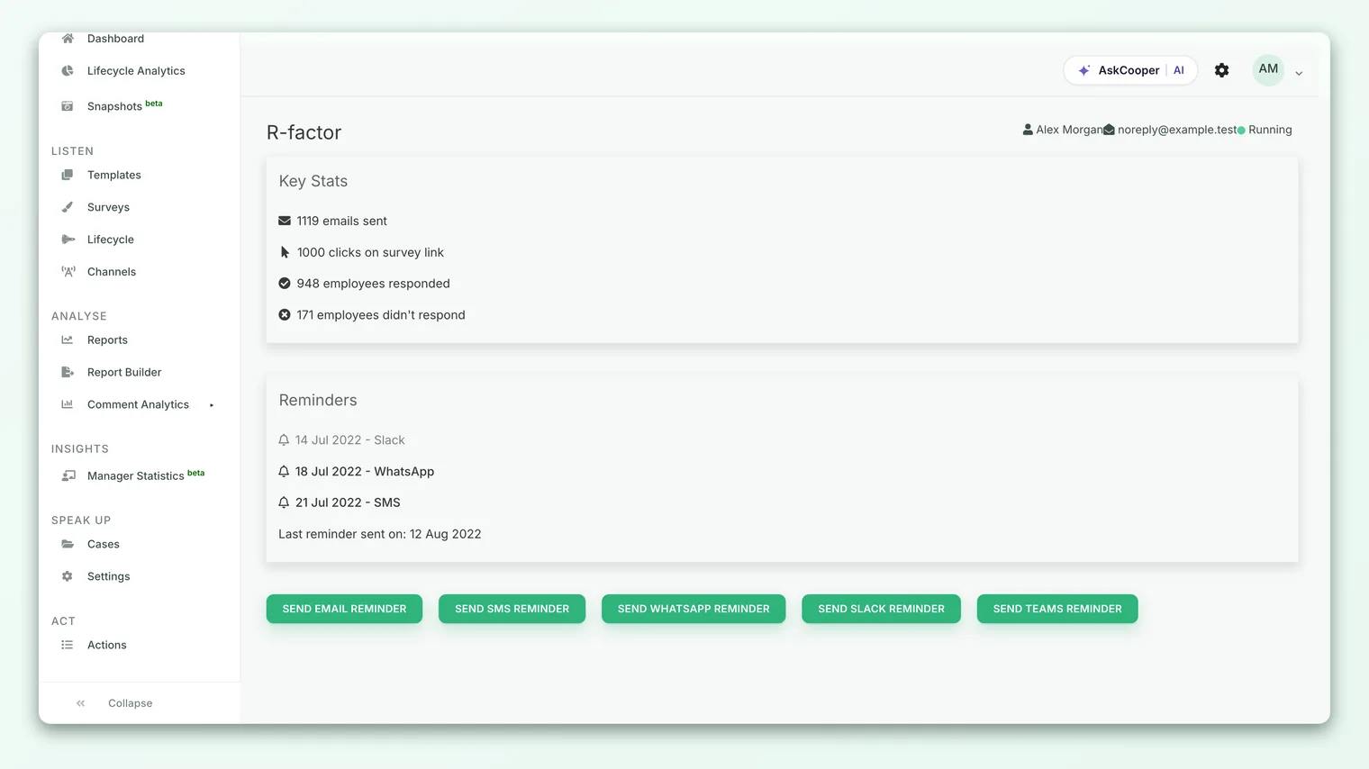 The manual reminder page for a running survey, showing participation stats and a button for each channel.
