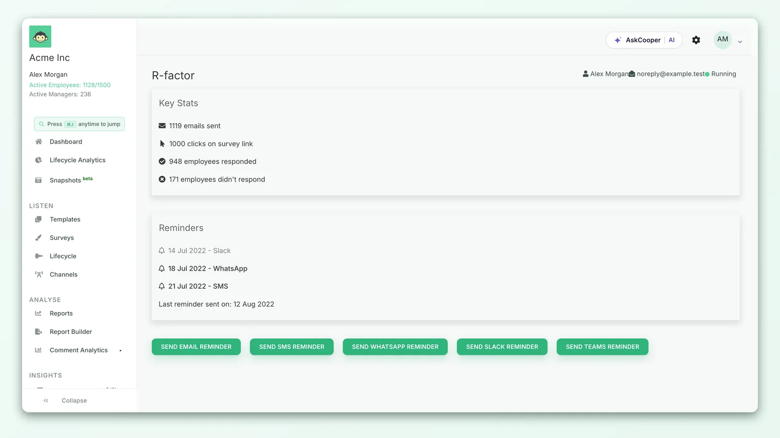 The manual reminder screen for a one-off survey, with channel buttons for Email, Slack, Teams, WhatsApp and SMS.