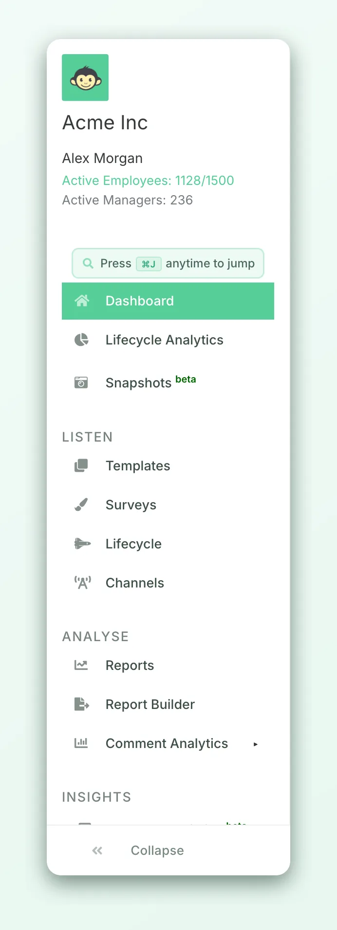 The CultureMonkey navigation sidebar, where the Administrators, Employees and Managers pages live under General.