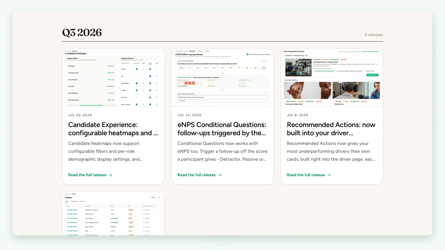 The CultureMonkey Product Updates page, showing dated release cards grouped under a quarter heading.