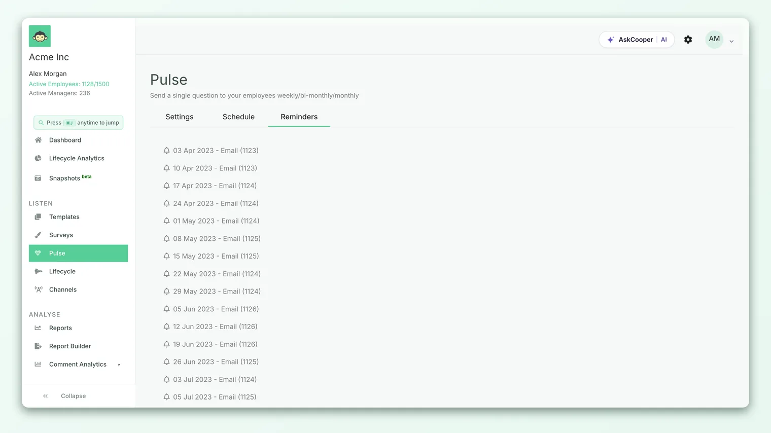 The Reminders tab for a pulse survey, listing each reminder with its date, channel, and participant count.