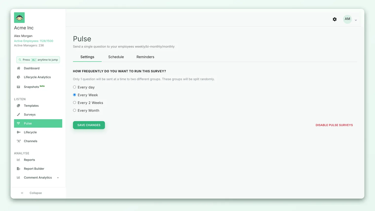The pulse survey settings, showing the frequency options for how often the pulse runs.