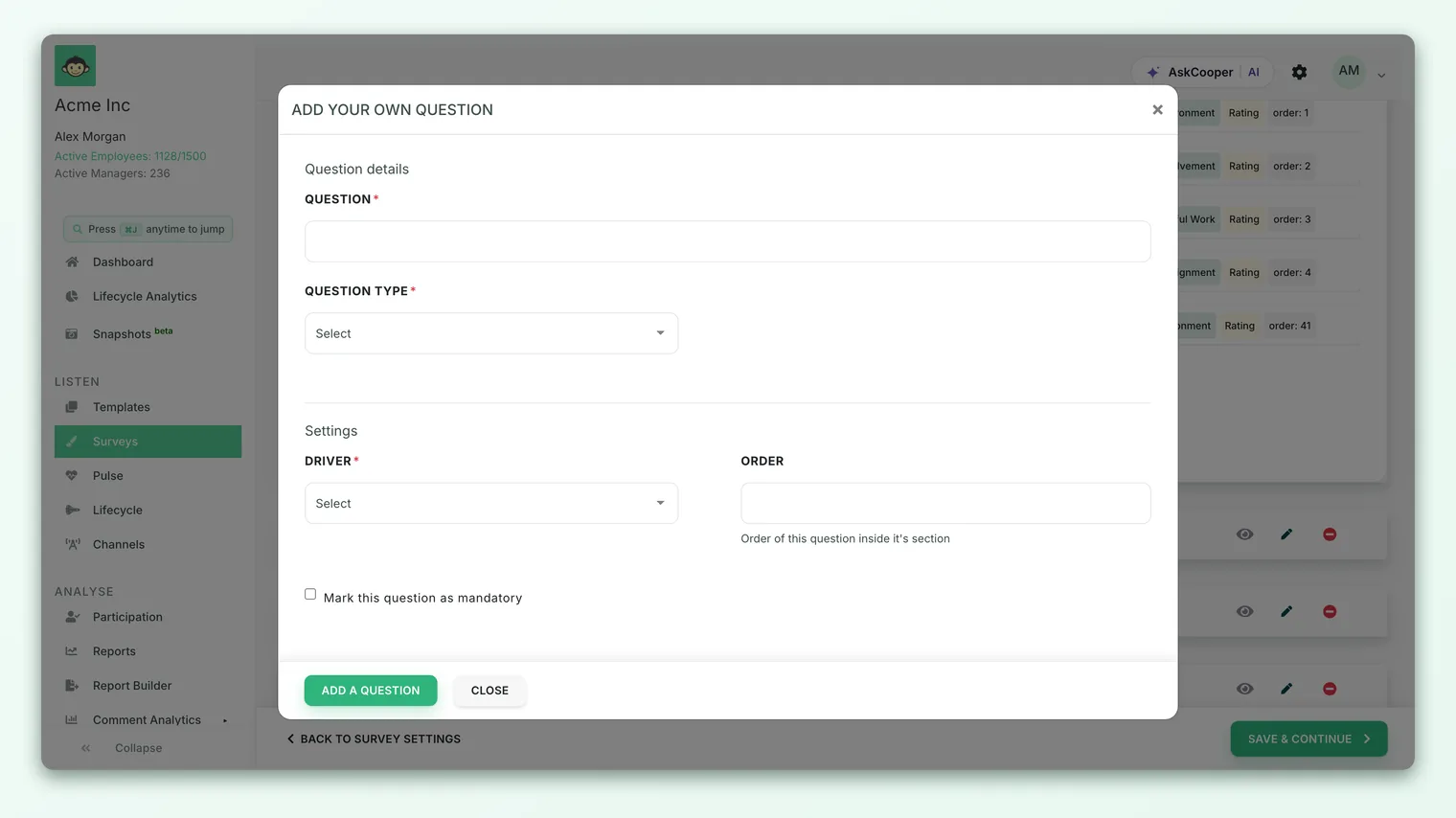 The question editor in the survey builder, showing the "Mark this question as mandatory" checkbox alongside the other question options.
