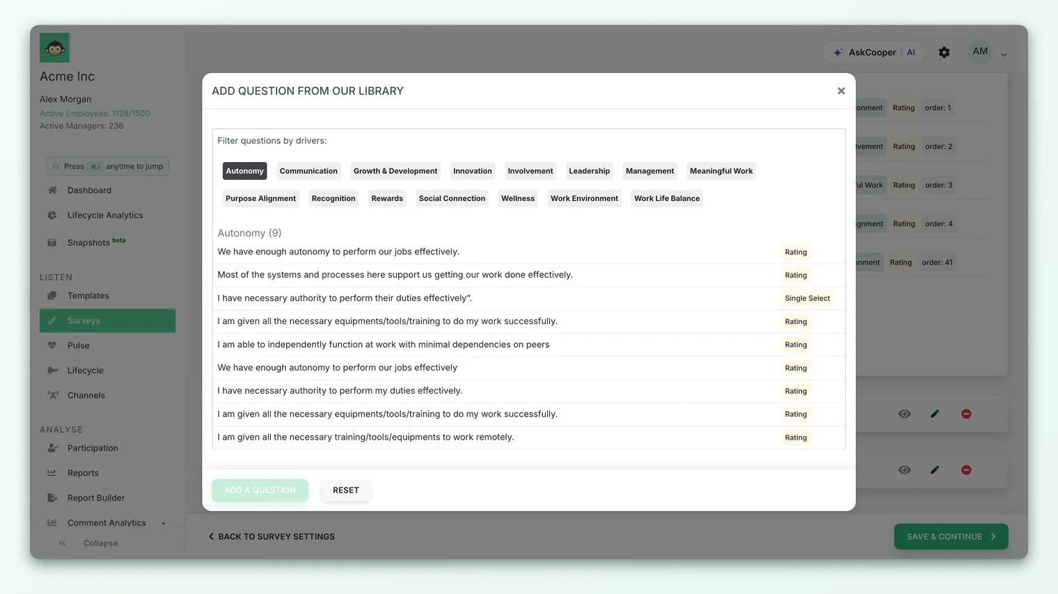 The survey builder open on the Questions step, where each section offers both a custom question and a library question option.
