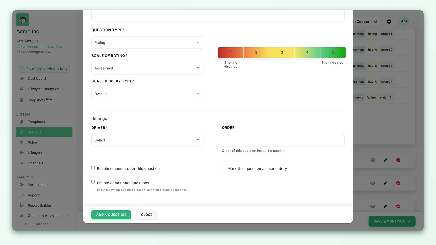The question editor in the survey builder, with the Enable comments checkbox and its placeholder field in the settings area.