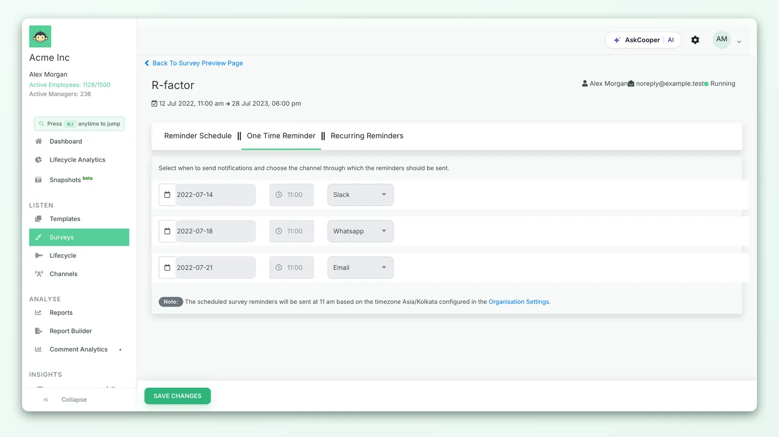 The Recurring Reminders tab on a survey, showing a start date, an optional end date, and rows that each pair a weekday with a channel.